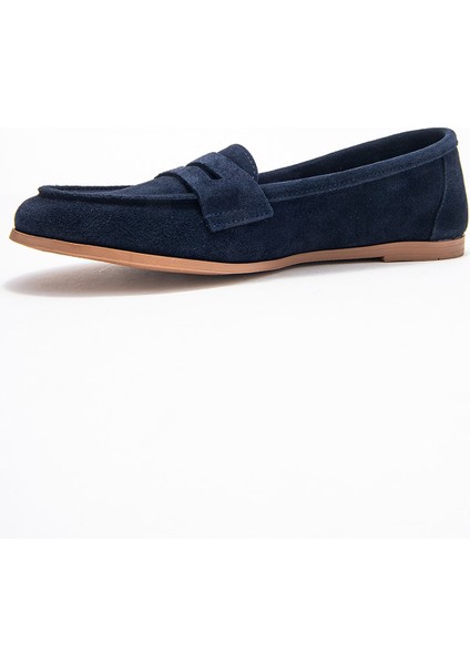 F02 Lacivert Süet Hakiki Deri Kadın Loafer Ayakkabı modelleri