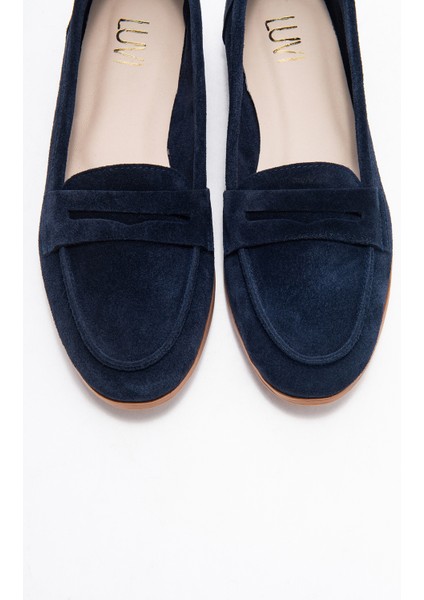 F02 Lacivert Süet Hakiki Deri Kadın Loafer Ayakkabı