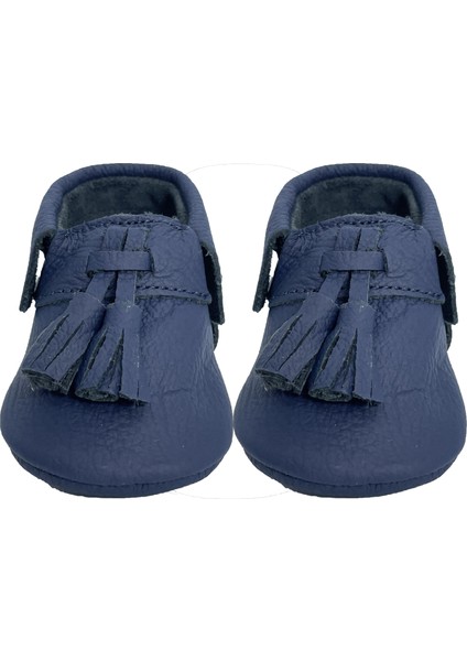 Hakiki Deri Lacivert Ponpon Detaylı Bebek Patiği