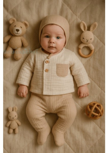 Müslin Kumaş Erkek 8li Yenidoğan Hastane Çıkışı Bej modelleri