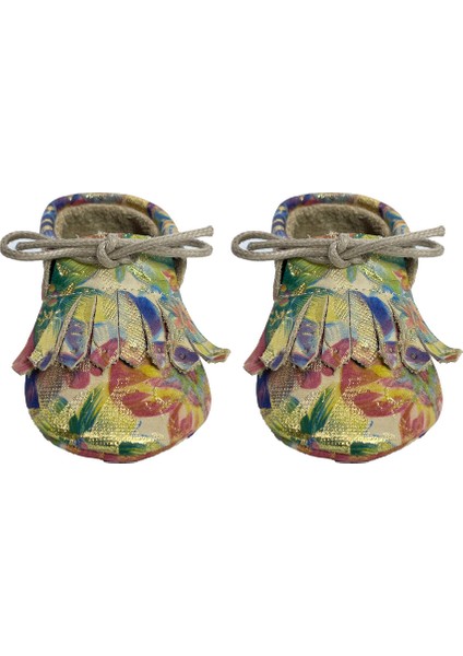 Hakiki Deri Çiçek Desenli Bebek Patiği