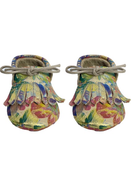 Hakiki Deri Çiçek Desenli Bebek Patiği