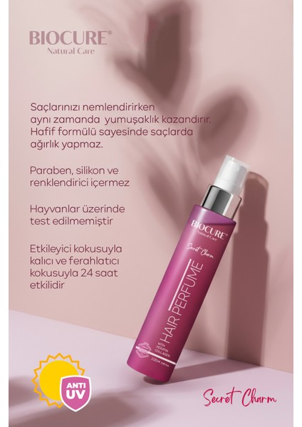 Kadın Saç Parfümü Keratin ve Kolajen Katkılı Uv Koruyuculu Secret Charm Saç Parfümü - 100 ml fiyatları