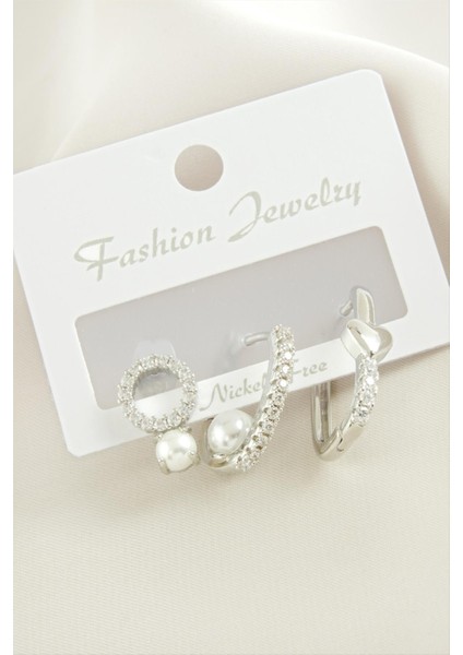 Msa-Shop 3 Adet Kalp Inci Zirkon Taşlı Küpe-Gümüş Rengi fiyatları