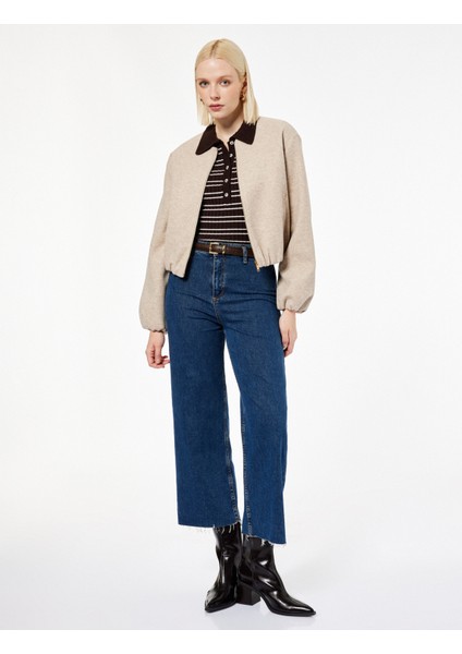 Fermuarlı Bisiklet Yaka Uzun Kollu Crop Kaşe Kolej Bomber Ceket