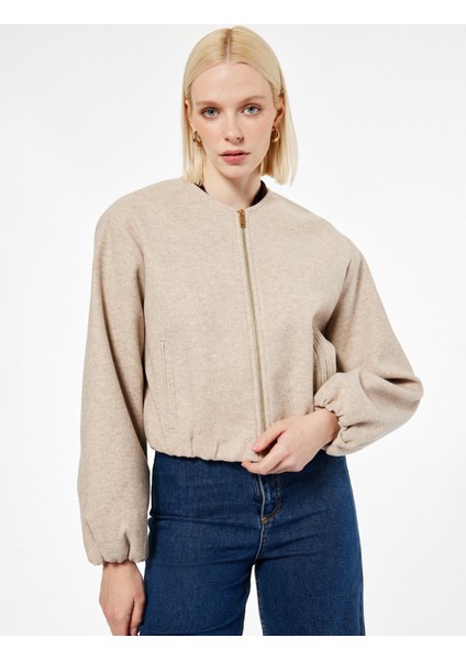 Fermuarlı Bisiklet Yaka Uzun Kollu Crop Kaşe Kolej Bomber Ceket fiyatları