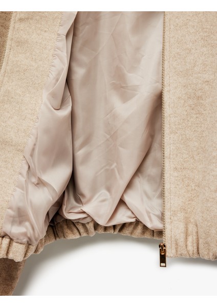 Fermuarlı Bisiklet Yaka Uzun Kollu Crop Kaşe Kolej Bomber Ceket