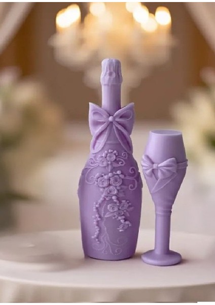 2'li Büyük Boy Şarap Şişesi ve Kadeh Mum Seti 15 cm 20 cm