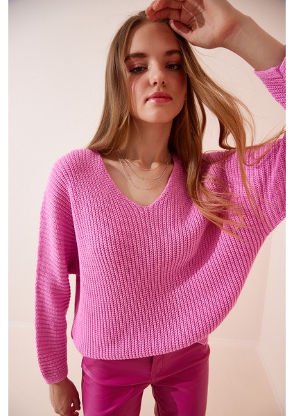 V Yaka Selanik Örgü Oversize Triko Kazak LZA0007 Pembe modelleri