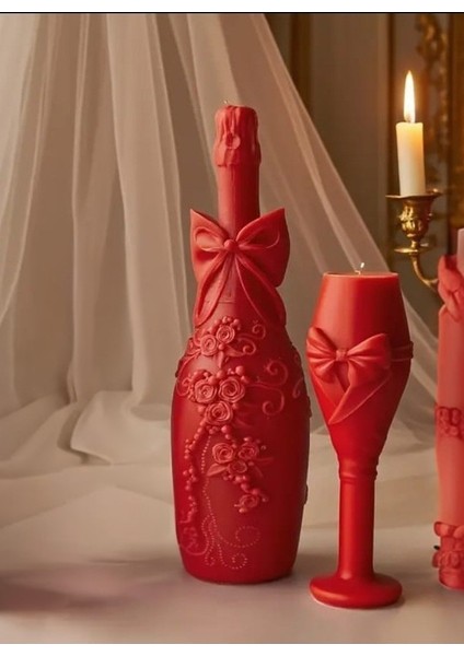 2'li Büyük Boy Şarap Şişesi ve Kadeh Mum Seti 15 cm 20 cm