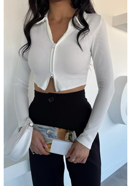 Kadın Çift Fermuarlı Crop Top Bluz P-00018510