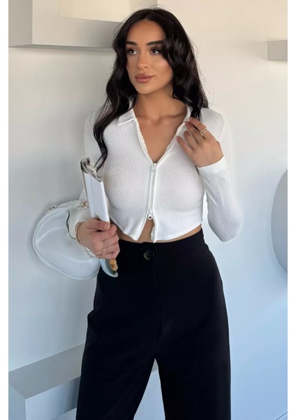 Kadın Çift Fermuarlı Crop Top Bluz P-00018510 fiyatları