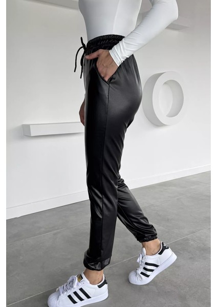 Kadın Bel ve Paça Lastikli Suni Deri Pantolon P-00018503 modelleri