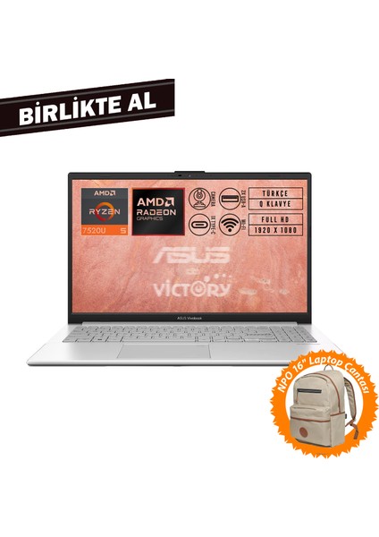 Vivobook Go 15 Amd Ryzen 5 7520U 8gb 1tb SSD 15.6" W11P + Çanta E1504FA-BQ1741 018