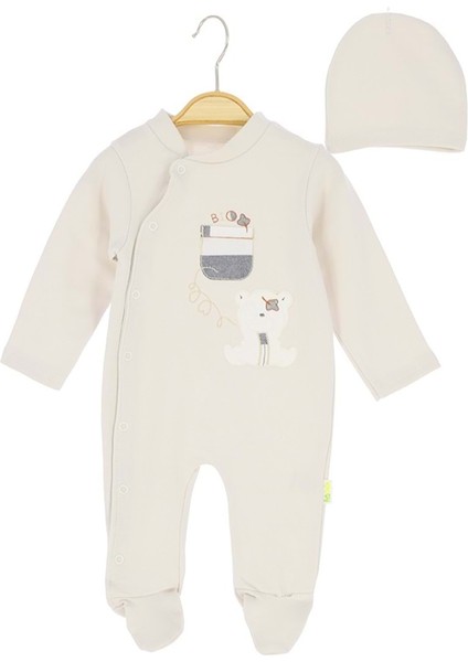 Ayı Nakışlı Şapkalı Penye Patikli Tulum - Krem - 9 - 12 Ay - HYT1245-KREM-9 - 12 Ay Krem