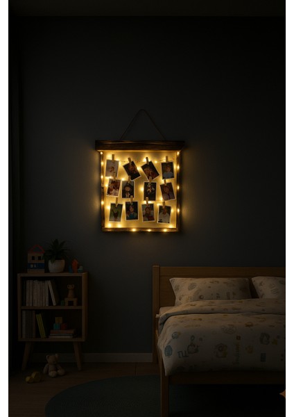 LED Işıklı Mandallı Ahşap Fotoğraf Albüm Çerçevesi – Anı Panosu