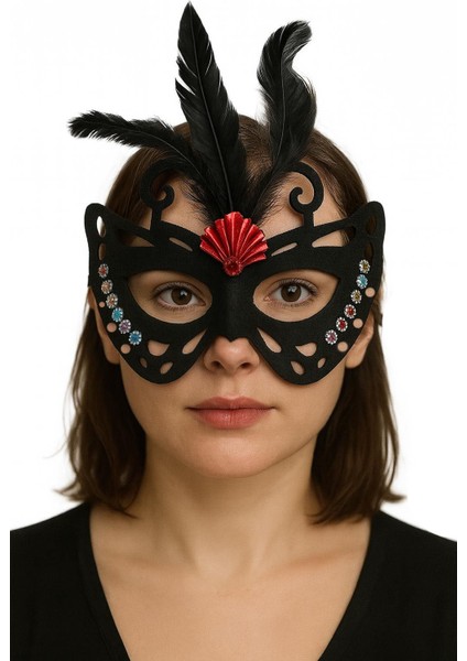 Allzey Siyah Renk Siyah Süet Kaplama Tüylü Kelebek Figür Parti Maskesi 24X18 cm