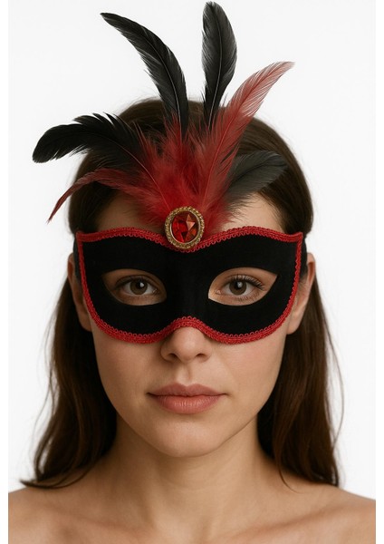 Allzey Kırmızı Dantelli Siyah Kırmızı Tüylü Siyah Süet Kaplama Parti Maskesi 17X25 cm