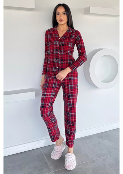 Kadın Düğmeli Desenli Süet Pijama Takımı P-00018489