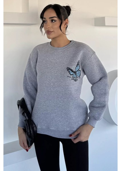Kadın Ön ve Sırt Kelebek Baskılı Üç Iplik Şardonlu Bisiklet Yaka Sweatshirt P-00018482 fiyatları