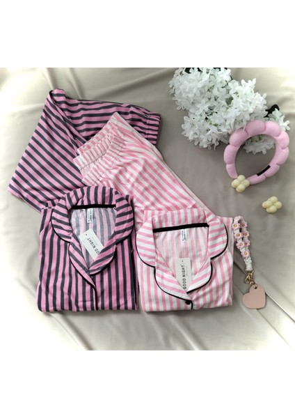 Good Night Pijamahomewear Pembe Beyaz Çizgili 5 Düğmeli Süet Pijama Takımı
