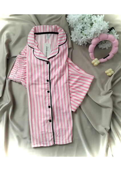 Good Night Pijamahomewear Pembe Beyaz Çizgili 5 Düğmeli Süet Pijama Takımı fiyatları