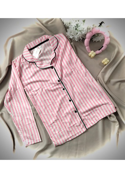 Good Night Pijamahomewear Pembe Beyaz Çizgili 5 Düğmeli Süet Pijama Takımı fırsatları