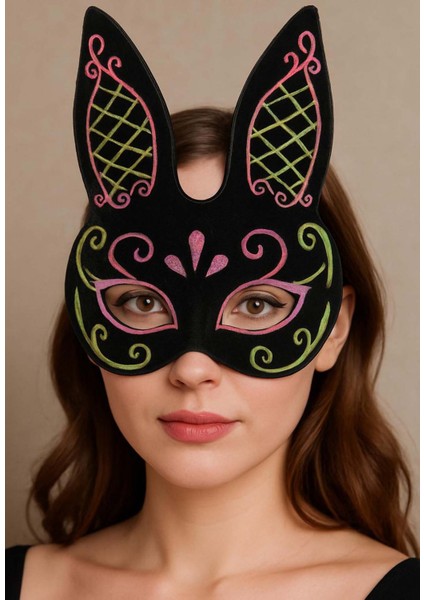 Allzey Siyah Renk Pembe Gold Simli Siyah Süet Kaplama Tavşan Maskesi 18X16 cm