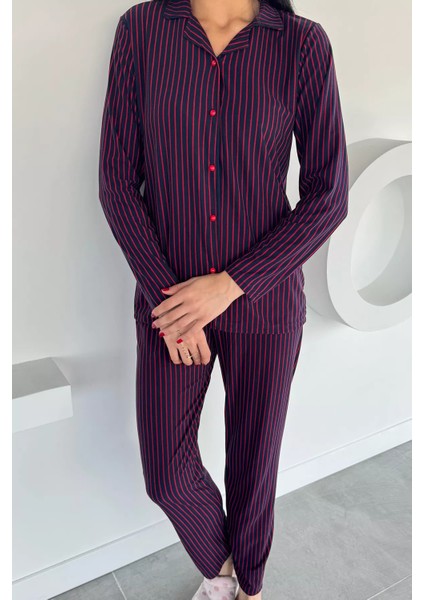 Kadın Düğmeli Desenli Süet Pijama Takımı P-00018489