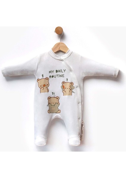 My Daıly Routıne Baskılı Çıtçıtlı Patikli Penye Tulum - Ekru - 1 Ay - FLE252408-EKRU-1 Ay Ekru