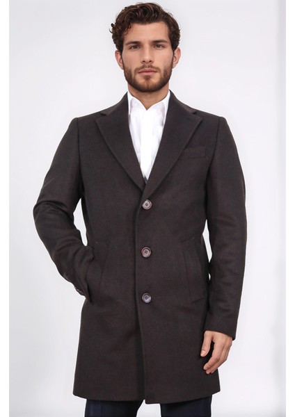 Üç Düğmeli Mono Yaka Yün ve Kaşmir Karışımlı Kahverengi Kaban