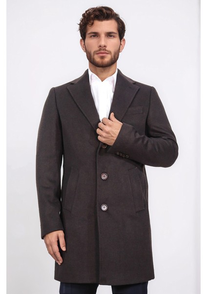 Üç Düğmeli Mono Yaka Yün ve Kaşmir Karışımlı Kahverengi Kaban fırsatları