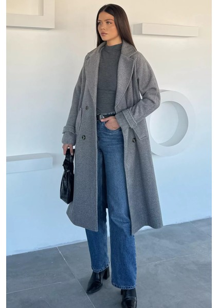 Kadın Iç Astarlı Bel Kuşaklı Desenli Kaşe Kaban P-00018499