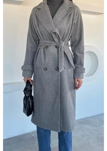 Kadın Iç Astarlı Bel Kuşaklı Desenli Kaşe Kaban P-00018499 fiyatları