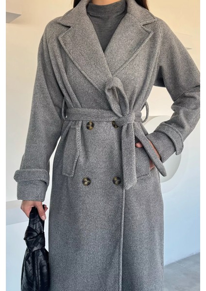 Kadın Iç Astarlı Bel Kuşaklı Desenli Kaşe Kaban P-00018499 modelleri