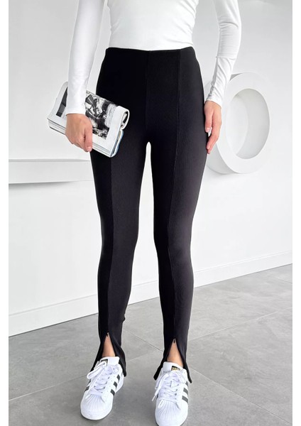 Kadın Yüksek Bel Kendinden Çizgi Desenli Paça Fermuar Detaylı Likralı Tayt P-00018472 fiyatları