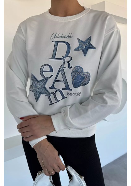 Kadın Bisiklet Yaka Baskılı Taş Işlemeli Sweatshirt P-00018484