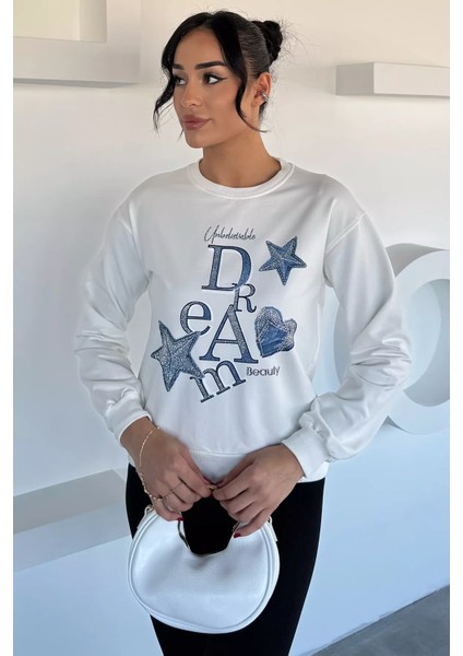 Kadın Bisiklet Yaka Baskılı Taş Işlemeli Sweatshirt P-00018484 fiyatları