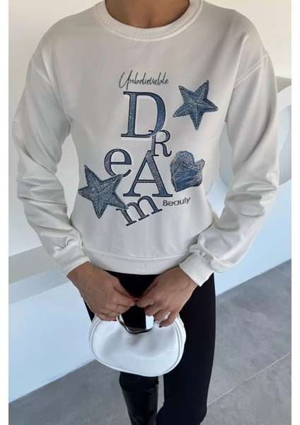 Kadın Bisiklet Yaka Baskılı Taş Işlemeli Sweatshirt P-00018484 modelleri