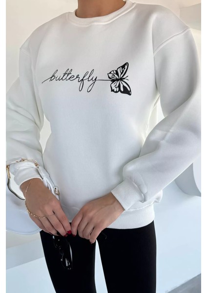 Kadın Kelebek Baskılı Bisiklet Yaka Üç Iplik Şardonlu Sweatshirt P-00018481