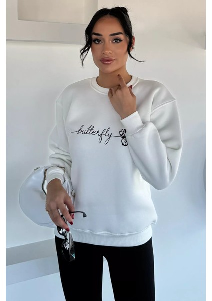 Kadın Kelebek Baskılı Bisiklet Yaka Üç Iplik Şardonlu Sweatshirt P-00018481 fiyatları