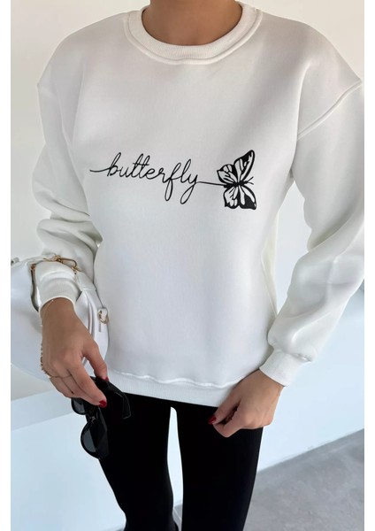 Kadın Kelebek Baskılı Bisiklet Yaka Üç Iplik Şardonlu Sweatshirt P-00018481 modelleri