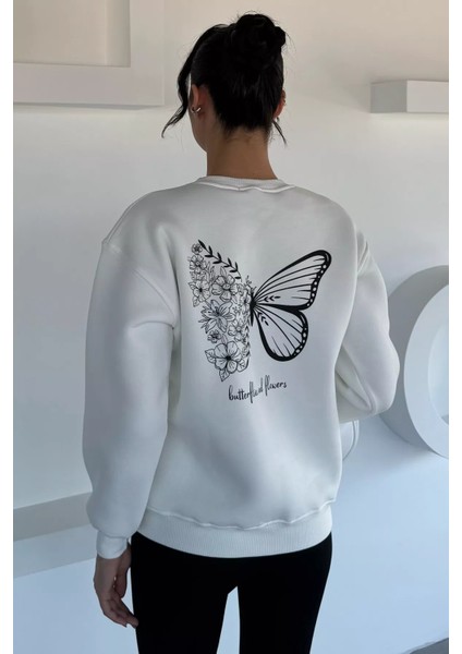 Kadın Kelebek Baskılı Bisiklet Yaka Üç Iplik Şardonlu Sweatshirt P-00018481 fırsatları