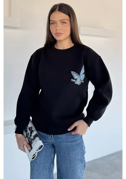 Kadın Ön ve Sırt Kelebek Baskılı Üç Iplik Şardonlu Bisiklet Yaka Sweatshirt P-00018482
