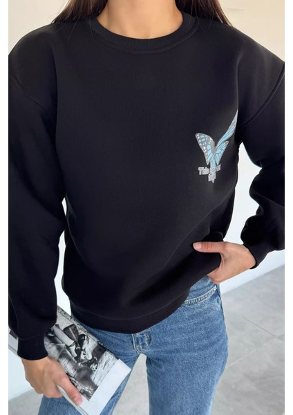 Kadın Ön ve Sırt Kelebek Baskılı Üç Iplik Şardonlu Bisiklet Yaka Sweatshirt P-00018482 fiyatları