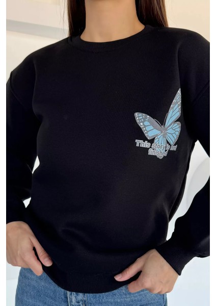 Kadın Ön ve Sırt Kelebek Baskılı Üç Iplik Şardonlu Bisiklet Yaka Sweatshirt P-00018482 modelleri