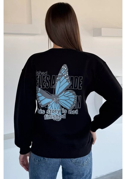 Kadın Ön ve Sırt Kelebek Baskılı Üç Iplik Şardonlu Bisiklet Yaka Sweatshirt P-00018482 fırsatları