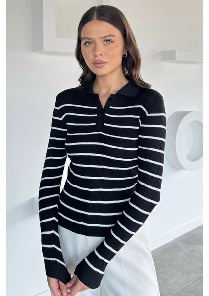 Kadın Polo Yaka Çizgili Yarım Düğmeli Triko Kazak P-00018494