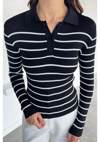 Kadın Polo Yaka Çizgili Yarım Düğmeli Triko Kazak P-00018494 fiyatları