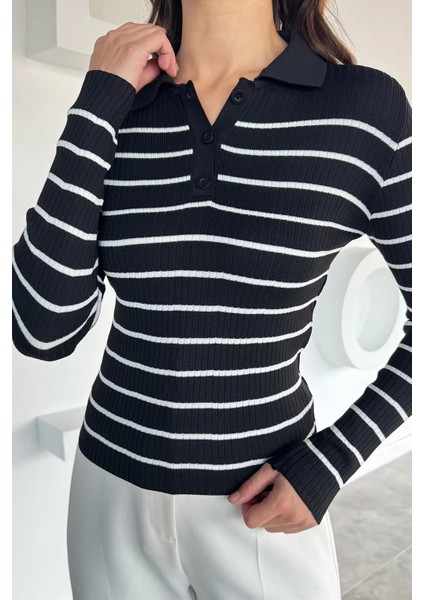 Kadın Polo Yaka Çizgili Yarım Düğmeli Triko Kazak P-00018494 modelleri